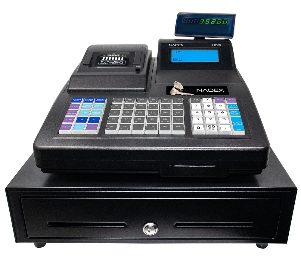 Nadex CR600 Cash Register, 9500 PLU Lookups 60 Dept 50 Clerks, Two Displays