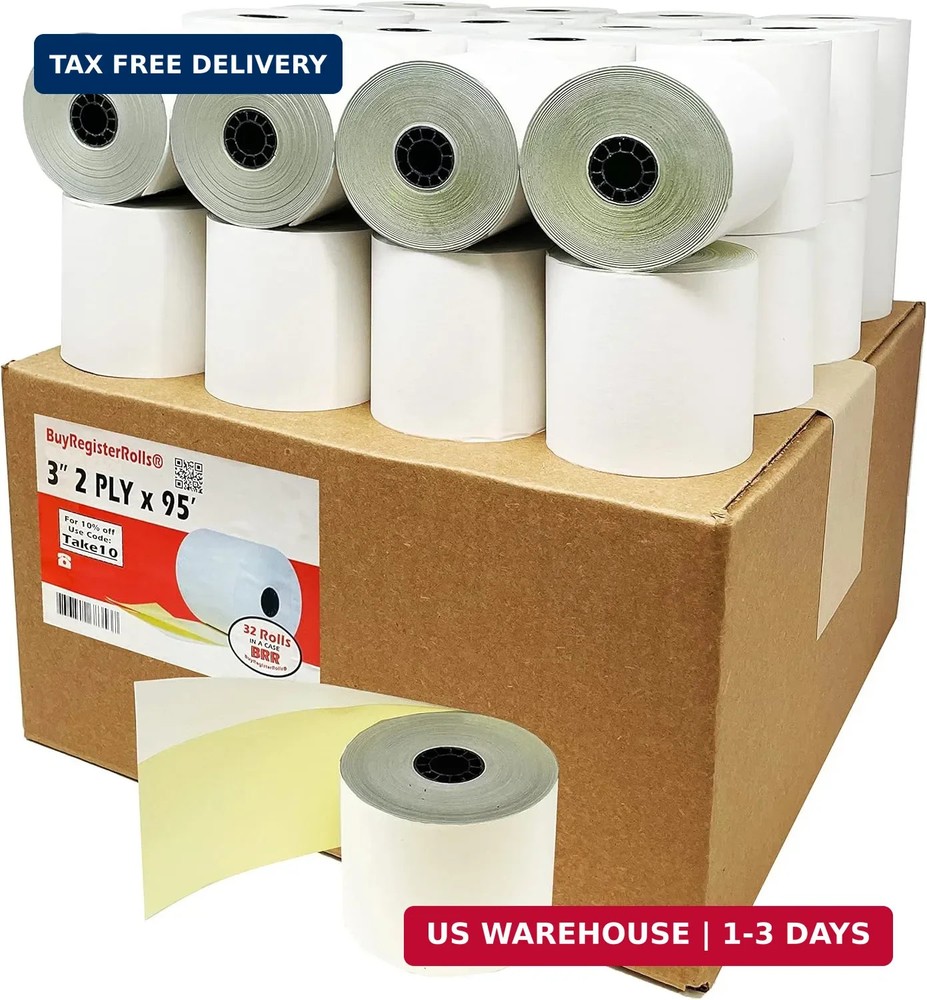 (32 Rolls) 2 Ply Carbonless Rolls 3″ X 95 Feet White/Yellow Receipt Paper POS Ca