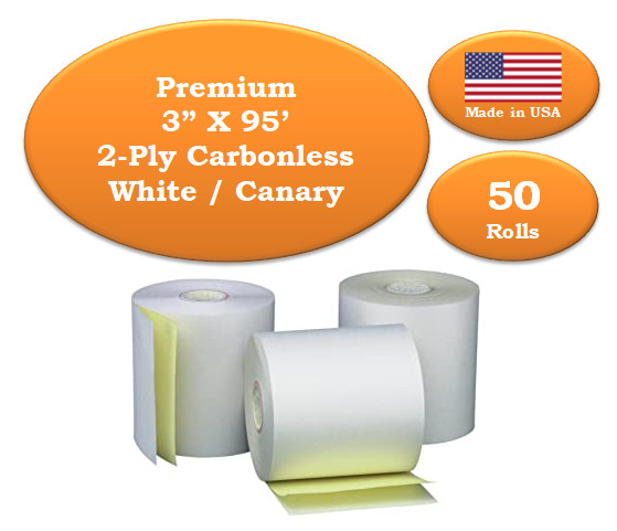 50 Rolls Premium 3″ X 95′ Kitchen Printer Carbonless 2 Ply White/Canary Made USA