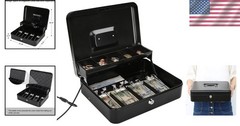 Durable Black Metal Money Box with Key Lock – Organize and Protect Valuables