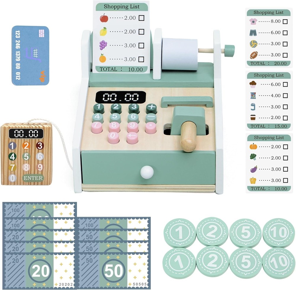 Wooden Cash Register Toy Set for Kids, Pretend Play Grocery Store Learning Gift