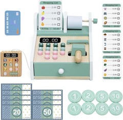 Wooden Cash Register Toy Set for Kids, Pretend Play Grocery Store Learning Gift