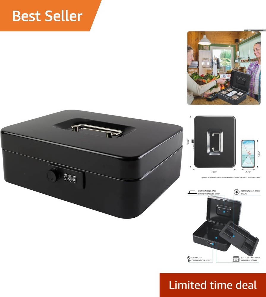 Durable Portable Cash Box with 3-Number Lock & Organizer Tray – 9.84″x7.87″