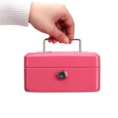 Small Cash Box, Key Lock, Metal, Double Layer, 2 Keys, Pink, 6 x 4.8 x 3.1