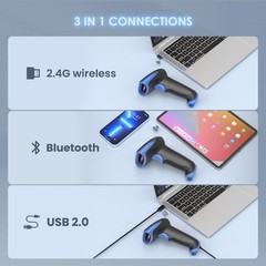 2D Bluetooth Barcode Scanner Wireless, 2500mAh Handheld Cordless USB Wired QR…