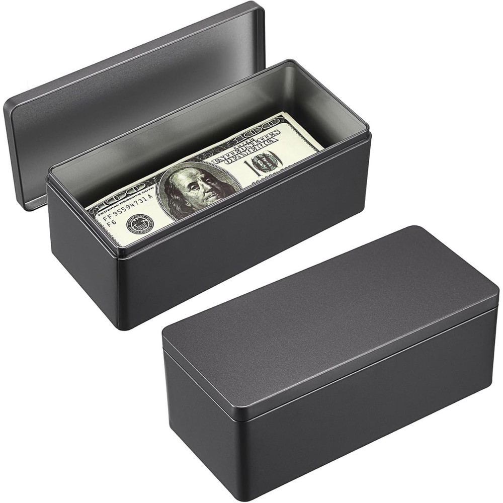 2 Packs Black Metal Cash Box Rectangular Money Organizer with Lid Currency Stora
