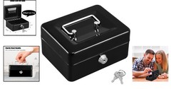 Small Black Cash Box with Key Lock and Handle for Secure Storage