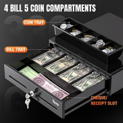 13″ Cash Register Drawer for POS System – 4 Bill, 5 Coin Tray, Auto Open, Key-Lo