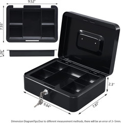 Large Cash Box w/ Tray Key Lock Metal Money Storage Case Handle Black 9.8″