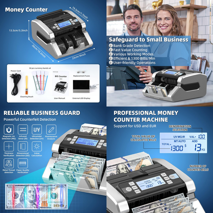 PROFESIONAL Maquina Contadora USD EUR Contador Efectivo Dolares 1300 billetes/mi