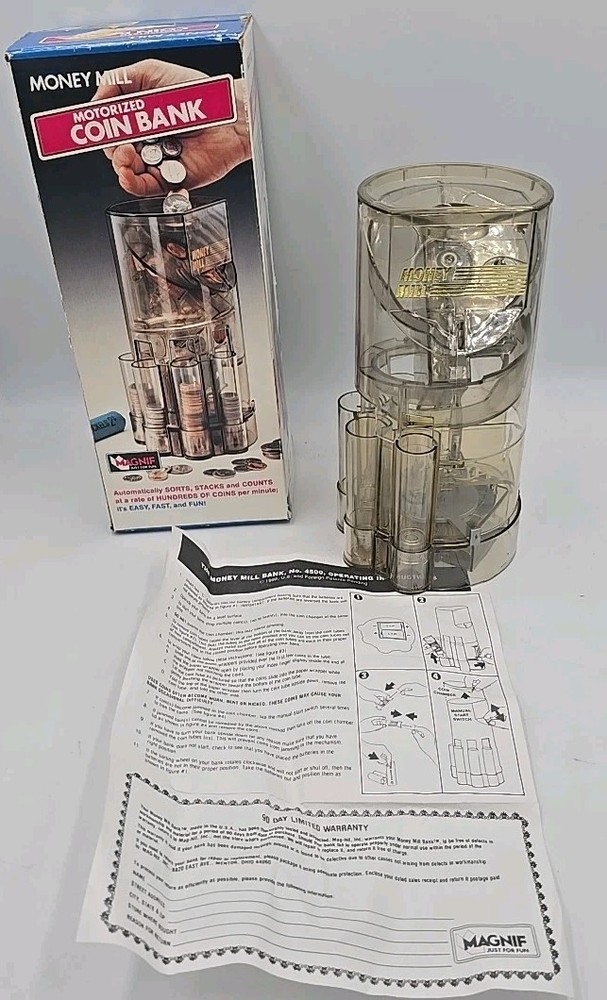 Magnif Money Mill Motorized Coin Sorter Bank Sorts Stacks Wraps 1994 WORKS USA