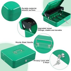 Cash Box With Money Tray Key Lock 4 Bill 5 Coin Slots 11.8×9.5×3.5 Green