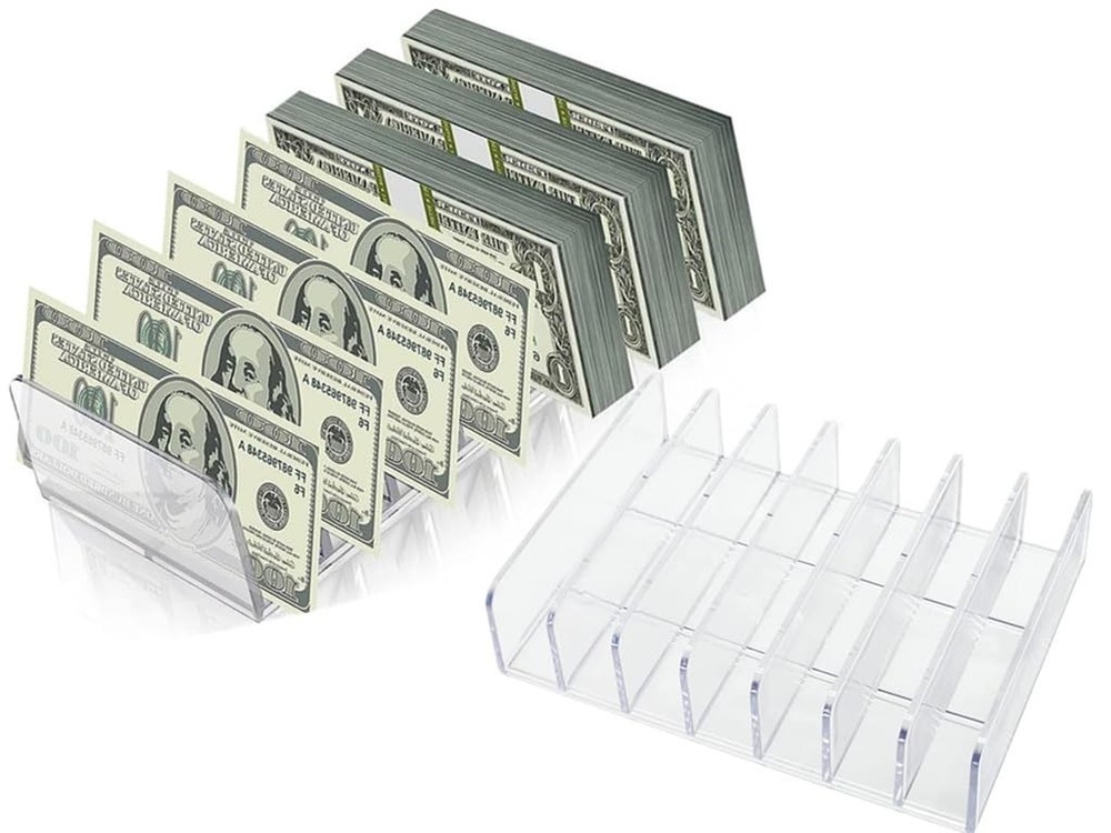 2 Pack Acrylic Money Organizer Cash Trays,7 Section Dividers Transparent