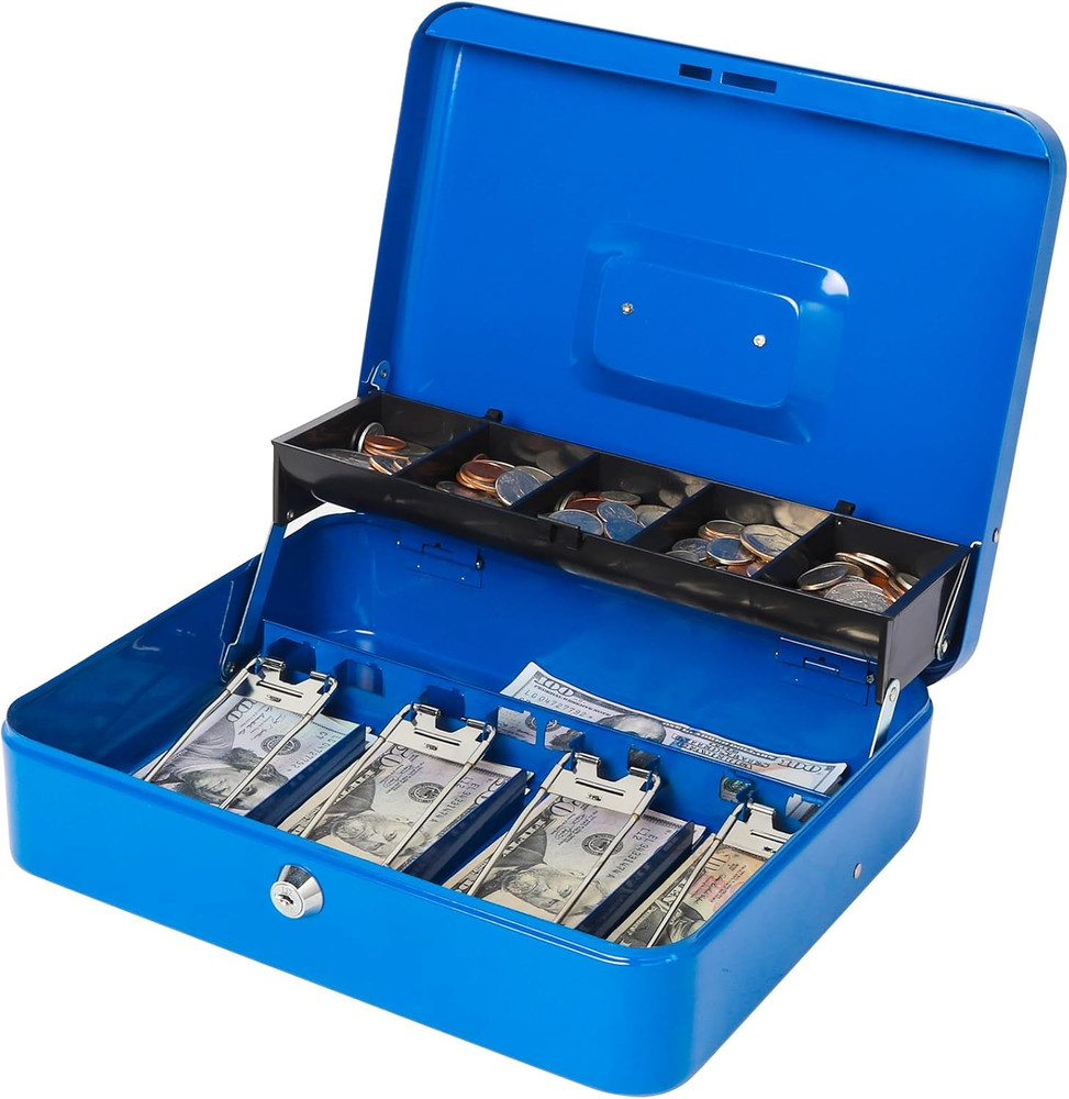 Locking Large Metal Cash Box with Money Tray, Lock Money Box with Key, Blue, CB0