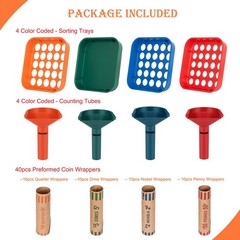 Coin Sorter Tube & Tray – 4 Color Coded Separator Trays and…
