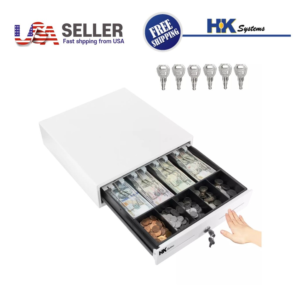 13″ Heavy Duty Compact White Manual Push-Open Cash Drawer with 4Bill/5Coin Till