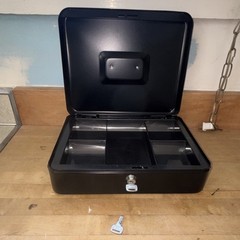 Black Metal Cash Box Key Lock, Removable Adjustable Tray, Handles, Lockable