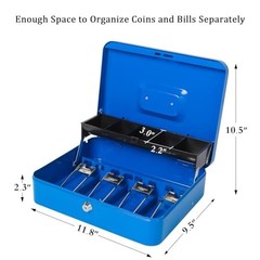 Locking Cash Box with Money Tray Blue Metal Key Lock Security Cable 11.8×9.5×3.5