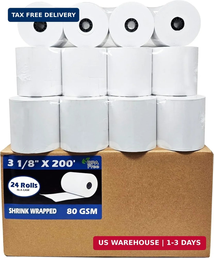 80 GSM Extra Thick Paper (24 Rolls) 3 1/8 x 230 Thermal Paper Receipt Rolls (Hea