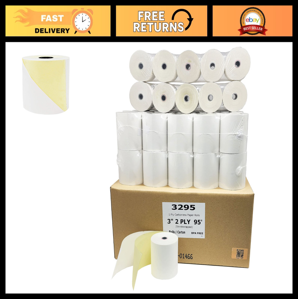 40 Rolls 3″ x 95′ Carbonless Receipt Paper – White/Yellow POS Cash Register Roll