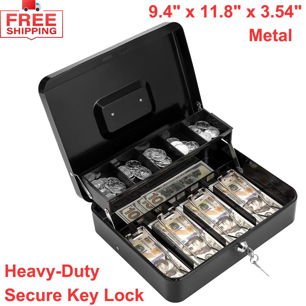 Cash Box with Lock Key & Money Tray Large for Cash Register for Money Safe,Metal