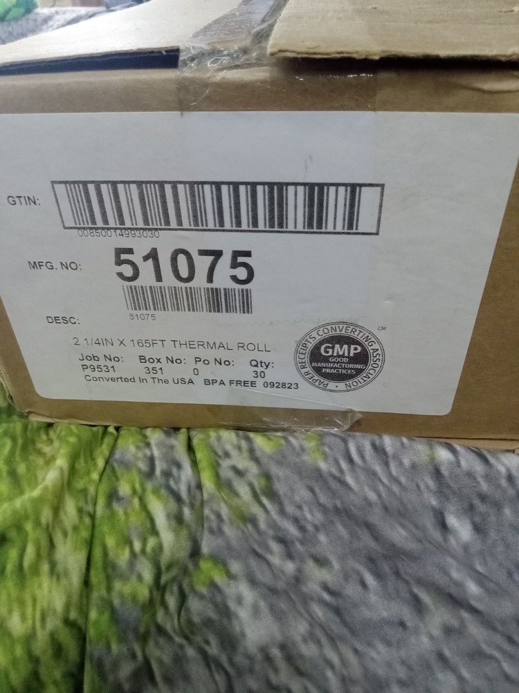box of 30 rolls of 2 1/4″ x 165′ thermal paper (Item #51075)