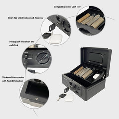Cash Box with Lock, with Tracking & Dual Lock System,Money Box with Cash Tray, L