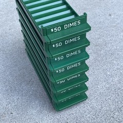 7 MMF Green Colored Plastic Storage Bank Trays Coin Counter $50 Dimes