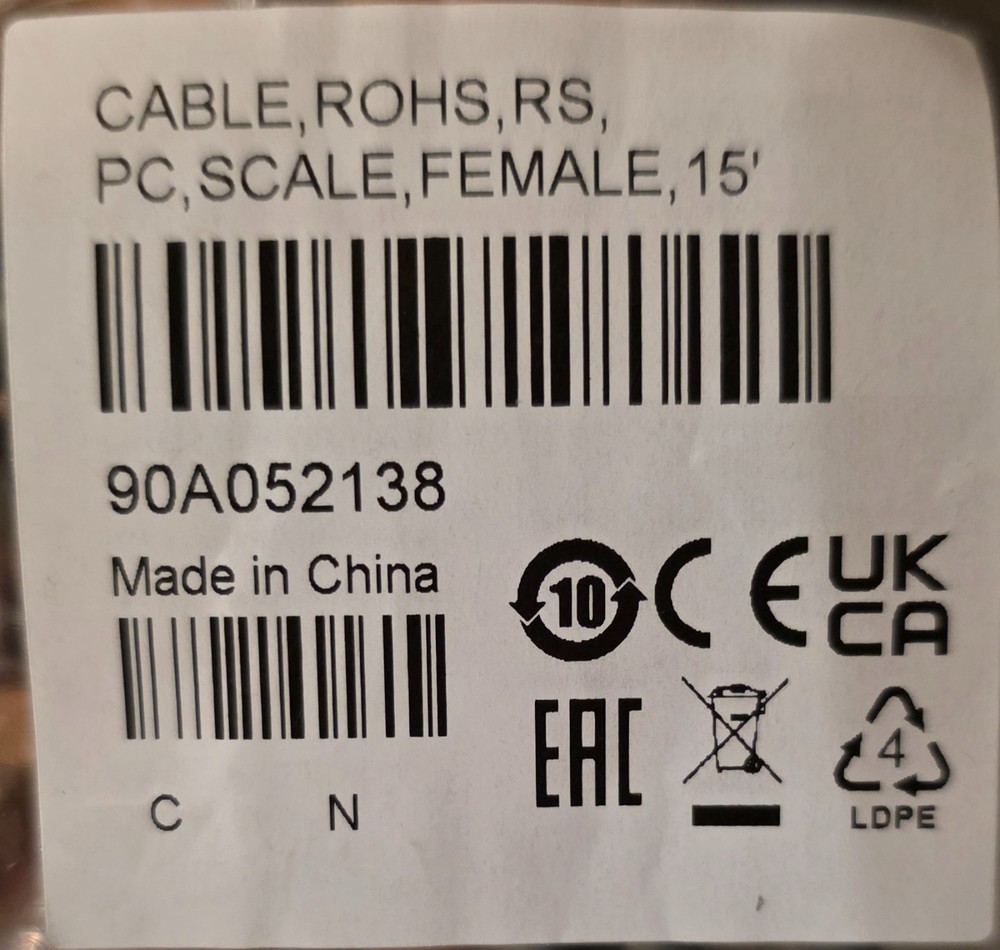 Datalogic 90A052138 9800i Cable, RS-232, PC Scale, Female, 15 ft