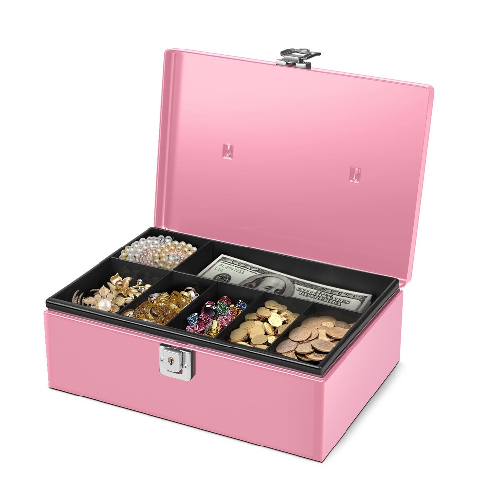 Cash Box with Money Tray and Lock – Pink Cash Storage with Latch Lock & Key