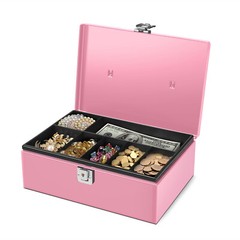 Cash Box with Money Tray and Lock – Pink Cash Storage with Latch Lock & Key