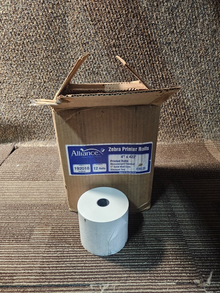 (QTY 12) Zebra Heavyweight Printer Rolls Thermal 1″ Solid Wall Core 4″ x 422′