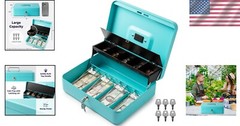 Large Cyan Cash Box with Key Lock – Portable Money Organizer for Sales