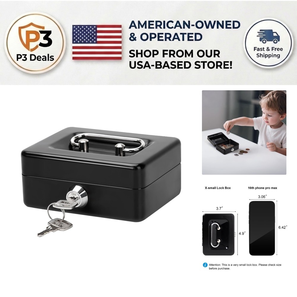 Secure X-Small Cash Box with Lock – Durable Black Steel for Personal Items