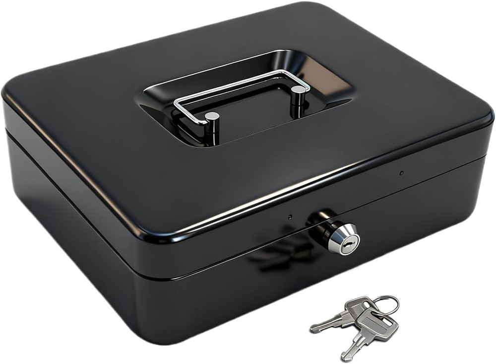 10″ Cash Box with Money Tray, Black, Large | Metal Money Safe Lock Box, Key Lock