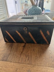 Vintage American Steel Cash Box Black Orange Stripe Industrial Read Description