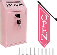 Locking Cash Box with Key & OPEN Flag Banner Kit for Retail or Farm Stand