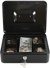 Compact Black Cash Box with Removable Tray and Key Lock | 175 Cubic Inches