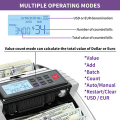 Money Counter Machine with Value Count, Dollar, Euro UV/MG/IR/DD/DBL/HLF/CHN Cou