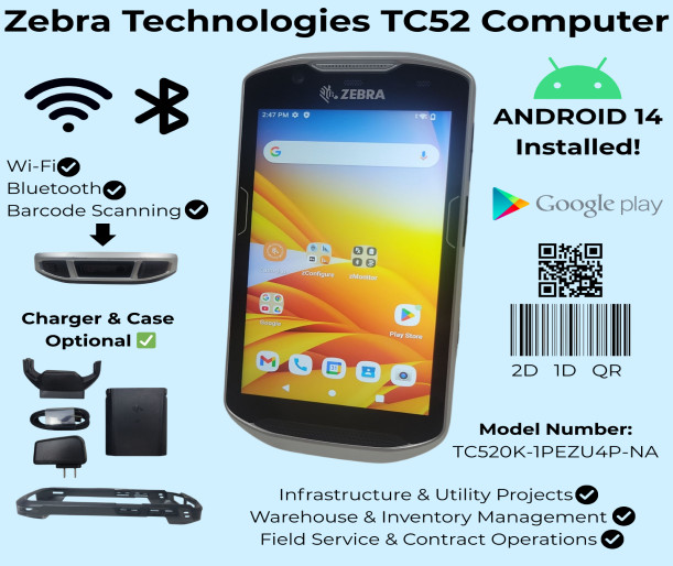 Zebra TC52 Android 14 Scanner 4GB/32GB Barcode – Unlocked – TC520K-1PEZU4P-NA