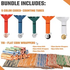 Coin Counters & Coin Sorters Tubes Set of 5 Color-Coded Coin Tubes and Assort…