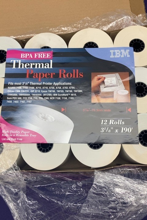 IBM Thermal Paper Rolls 3 1/8″ x 190′ Qty 12 Rolls – 73.3mm wide