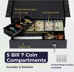 16in Cash Drawer for POS, 5 Bill/6 Coin Tray, RJ11/RJ12, Key Lock, Black
