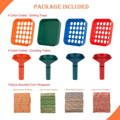 Coin Sorter Tray & Coin Sorter Tube – 4 Color Coded Coin Separator Trays and Coi
