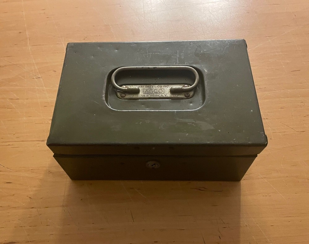 Vintage ASCO Art Steel Co New York OD Olive Drab Metal Safe Deposit Box NO KEY
