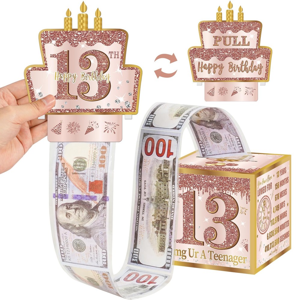 13th Birthday Pull-Out Money Gift Box for Girls Pink Rose Gold Cash Box