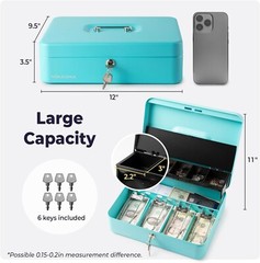 Large Cyan Cash Box with Key Lock – Portable Money Organizer for Sales