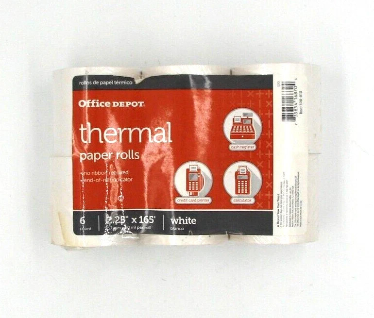1 pack x 6 Office Depot Brand Thermal Paper Rolls 2-1/4″ x 165′ White 2.25×165