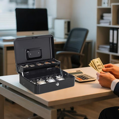 Large Cash Box with Money Tray and Lock – Safe Box for Cash Saving Key Lock Mone