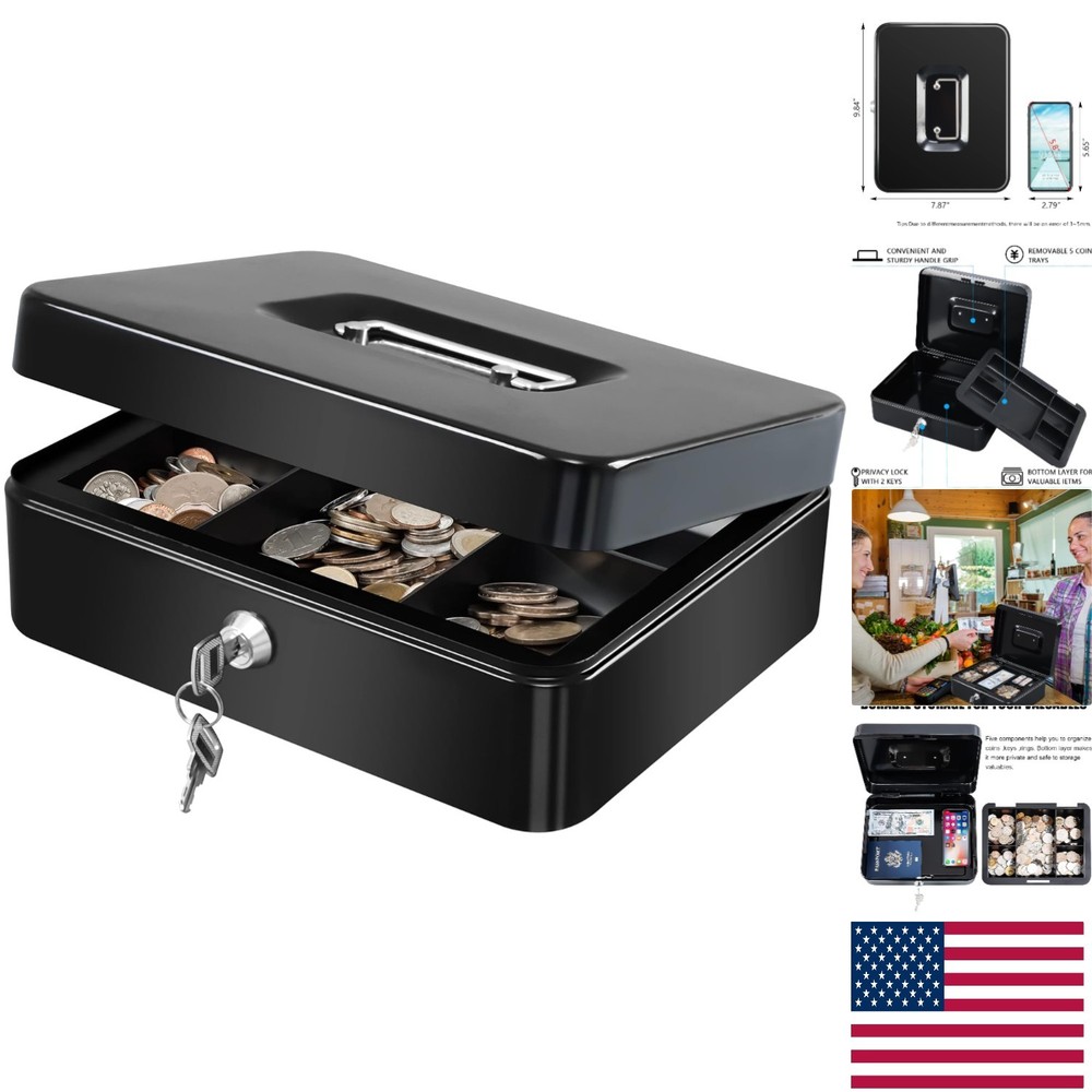 Portable Black Metal Cash Box with Key Lock & Compartment Tray, 9.84″x 7.87″